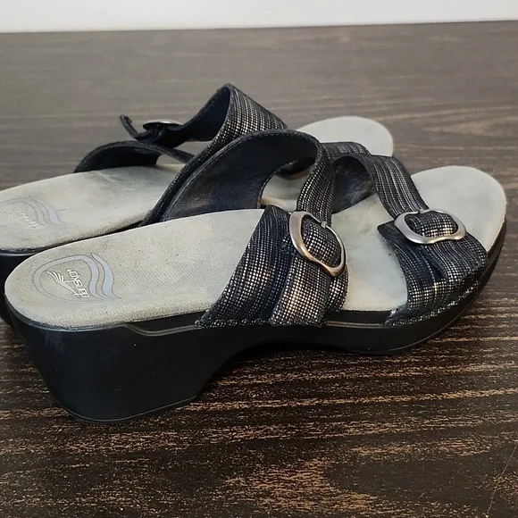 Dansko size 40 black sliver Slides Wedges Sandals Leather - Picture 4 of 7
